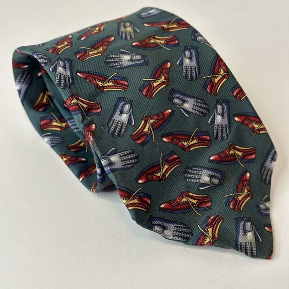 Sutter & Grant Neck Tie, Golf Themed Green/Gray/Red, Shoes & Gloves All Silk USA - Picture 1 of 9